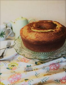 Pound cake on glass cake stand