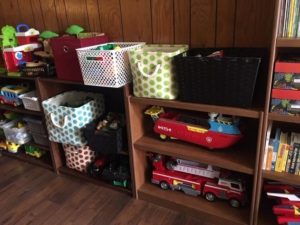 Bookshelves, bins, baskets, toys