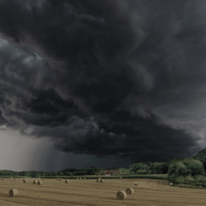 Storm dark clouds over hay field